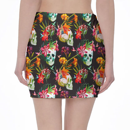 Blossom Flowers Skull Pattern Print Pencil Mini Skirt