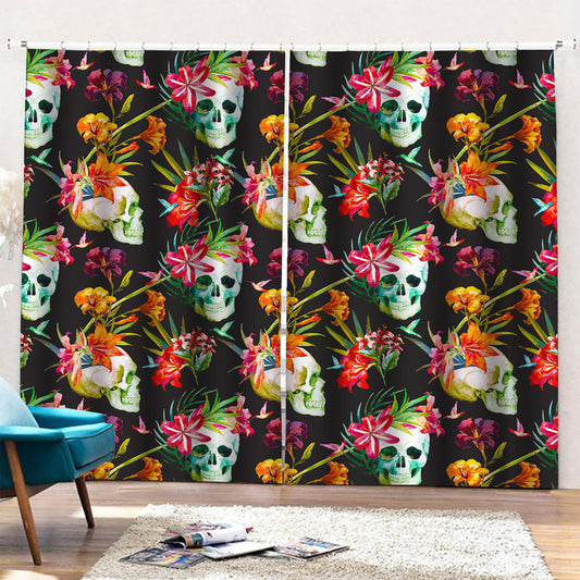 Blossom Flowers Skull Pattern Print Pencil Pleat Curtains