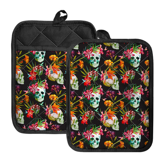 Blossom Flowers Skull Pattern Print Pot Holders With Pocket