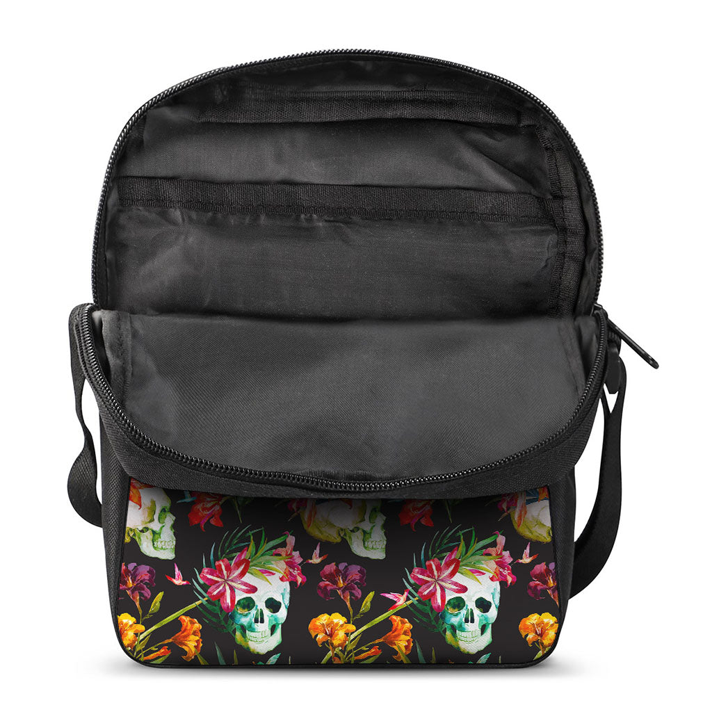Blossom Flowers Skull Pattern Print Rectangular Crossbody Bag
