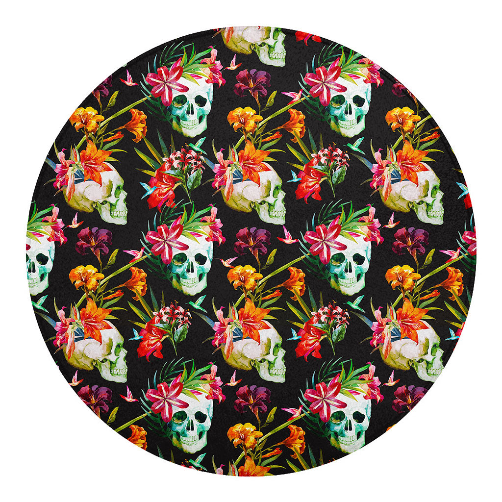 Blossom Flowers Skull Pattern Print Round Blanket