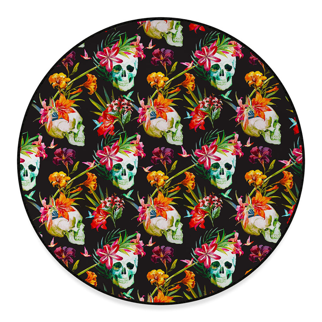 Blossom Flowers Skull Pattern Print Round Floor Mat