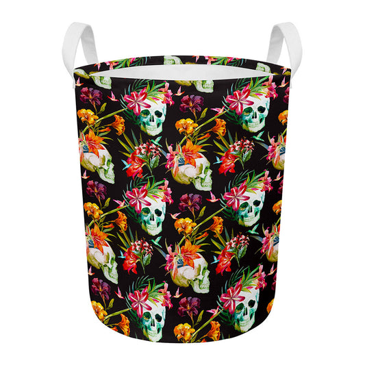 Blossom Flowers Skull Pattern Print Round Laundry Basket