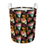Blossom Flowers Skull Pattern Print Round Laundry Basket