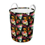 Blossom Flowers Skull Pattern Print Round Laundry Basket