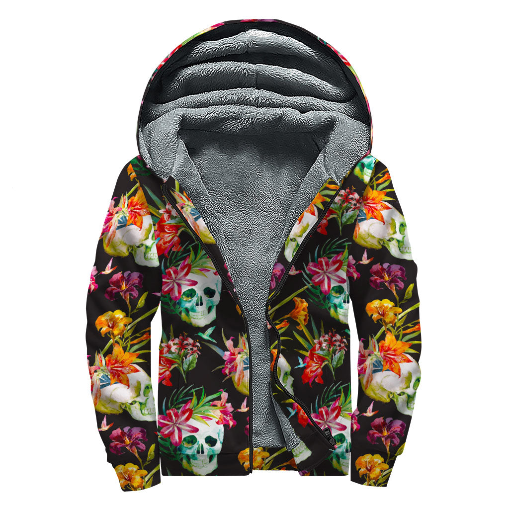 Blossom Flowers Skull Pattern Print Sherpa Lined Zip Up Hoodie