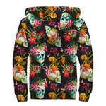 Blossom Flowers Skull Pattern Print Sherpa Lined Zip Up Hoodie