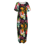Blossom Flowers Skull Pattern Print Short Sleeve Long Nightdress