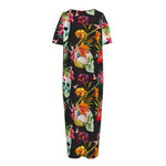 Blossom Flowers Skull Pattern Print Short Sleeve Long Nightdress