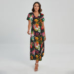 Blossom Flowers Skull Pattern Print Short Sleeve Maxi Dress