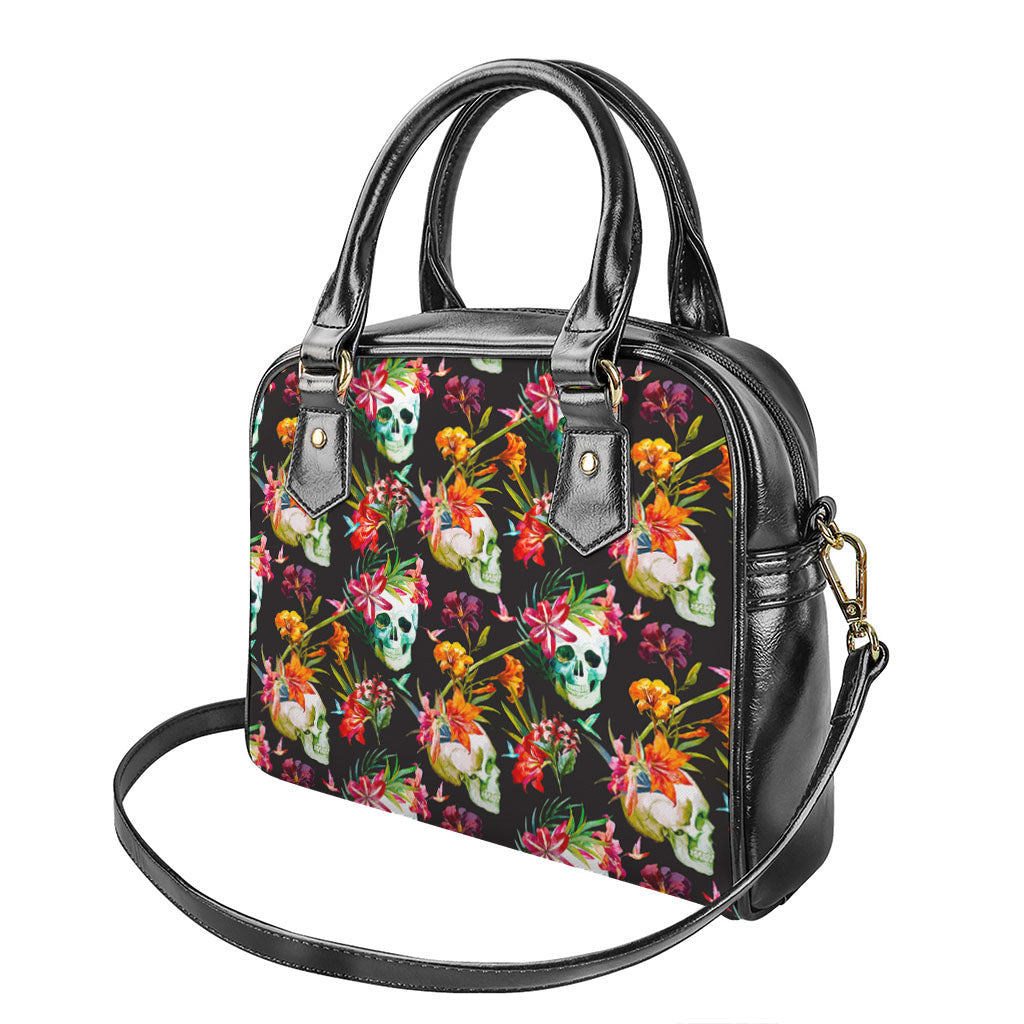 Blossom Flowers Skull Pattern Print Shoulder Handbag