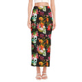 Blossom Flowers Skull Pattern Print Side Slit Maxi Skirt
