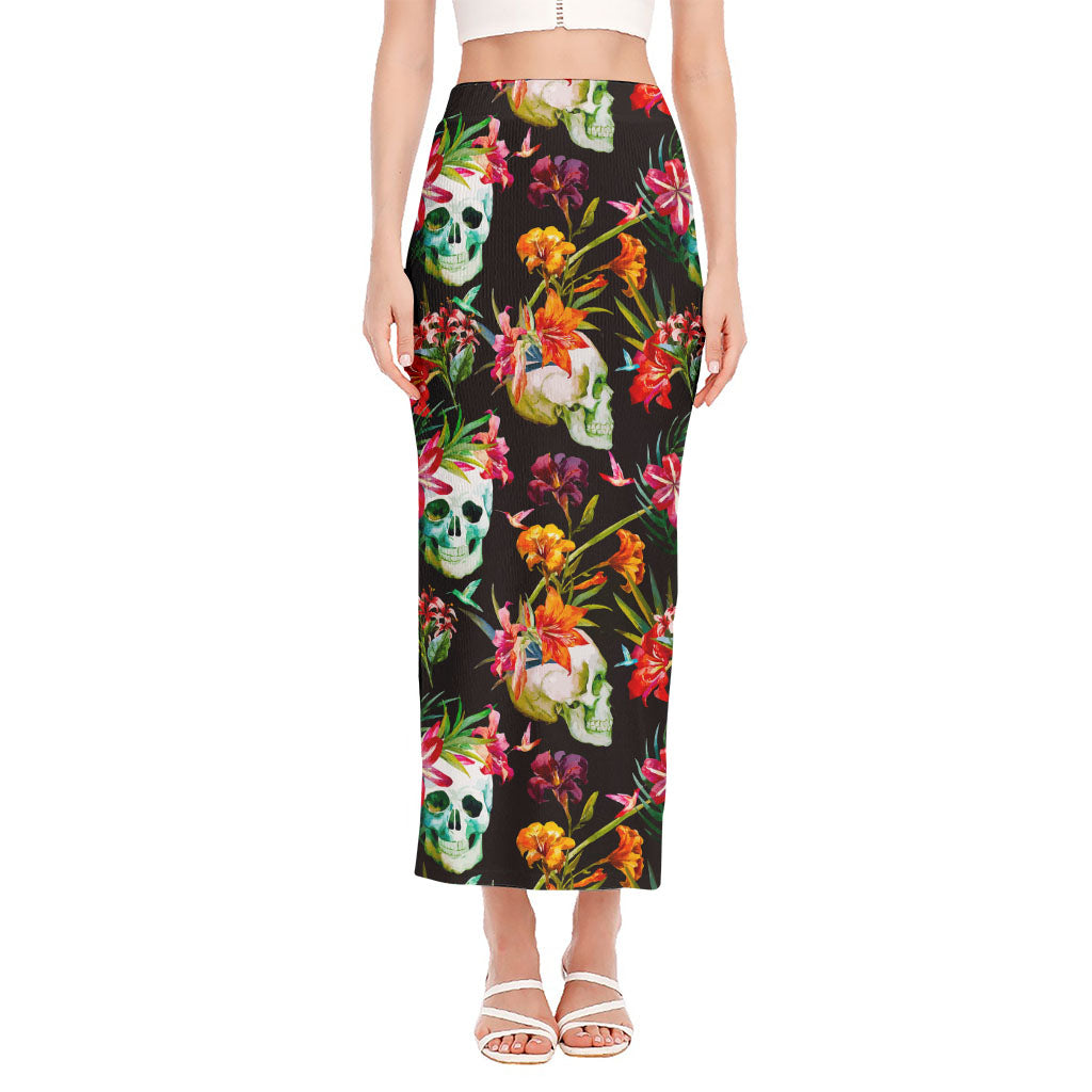 Blossom Flowers Skull Pattern Print Side Slit Maxi Skirt
