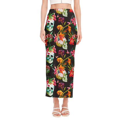 Blossom Flowers Skull Pattern Print Side Slit Maxi Skirt