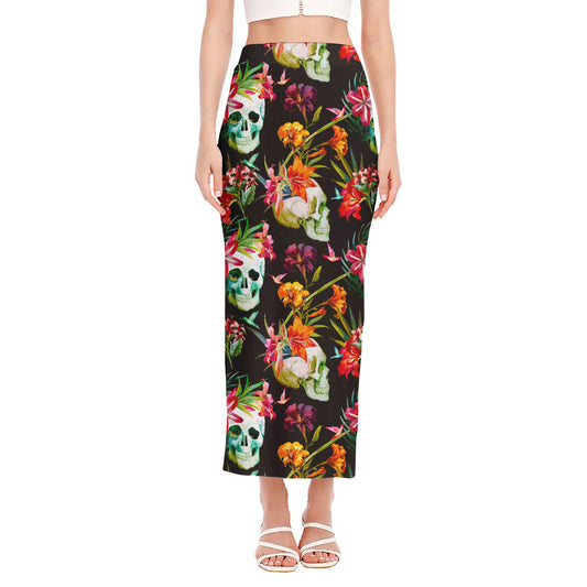 Blossom Flowers Skull Pattern Print Side Slit Maxi Skirt