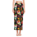 Blossom Flowers Skull Pattern Print Side Slit Maxi Skirt