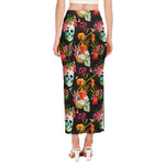 Blossom Flowers Skull Pattern Print Side Slit Maxi Skirt