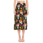 Blossom Flowers Skull Pattern Print Side Slit Midi Skirt