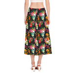 Blossom Flowers Skull Pattern Print Side Slit Midi Skirt