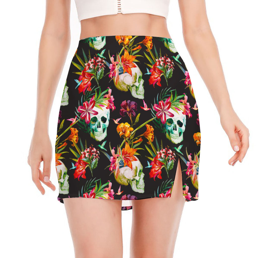 Blossom Flowers Skull Pattern Print Side Slit Mini Skirt