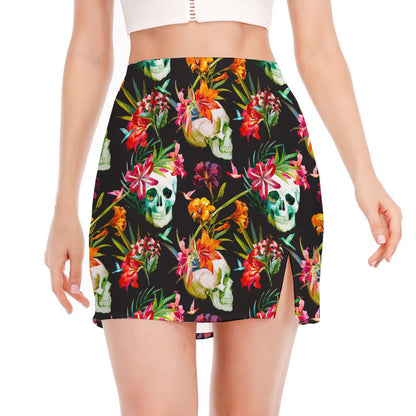 Blossom Flowers Skull Pattern Print Side Slit Mini Skirt