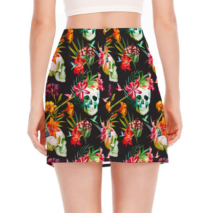 Blossom Flowers Skull Pattern Print Side Slit Mini Skirt