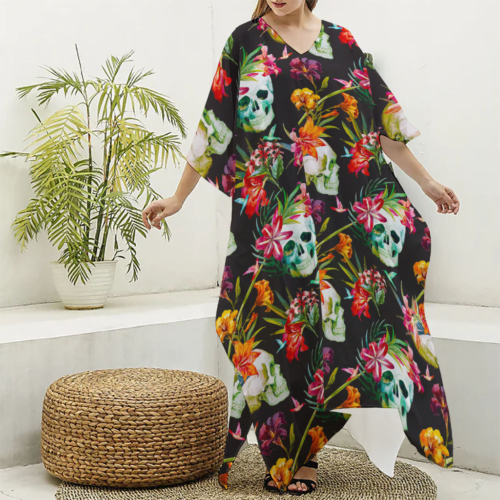 Blossom Flowers Skull Pattern Print Silk V-Neck Kaftan Dress
