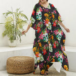 Blossom Flowers Skull Pattern Print Silk V-Neck Kaftan Dress