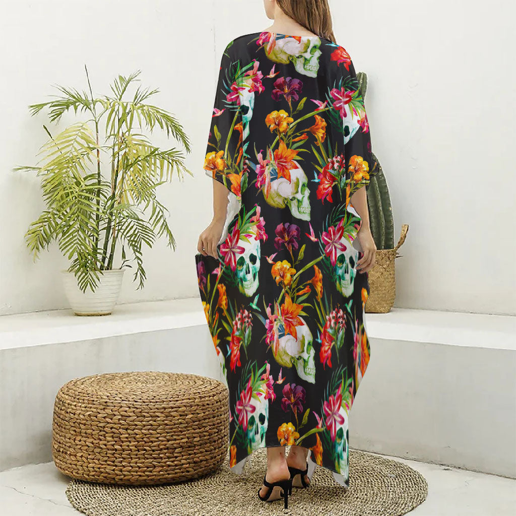 Blossom Flowers Skull Pattern Print Silk V-Neck Kaftan Dress