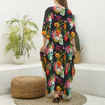 Blossom Flowers Skull Pattern Print Silk V-Neck Kaftan Dress