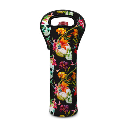 Blossom Flowers Skull Pattern Print Single Neoprene Wine Tote
