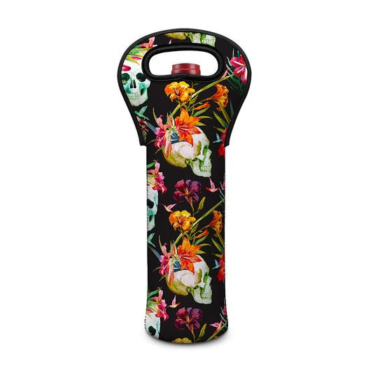 Blossom Flowers Skull Pattern Print Single Neoprene Wine Tote