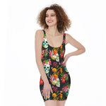 Blossom Flowers Skull Pattern Print Sleeveless Bodycon Dress