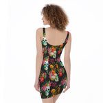 Blossom Flowers Skull Pattern Print Sleeveless Bodycon Dress
