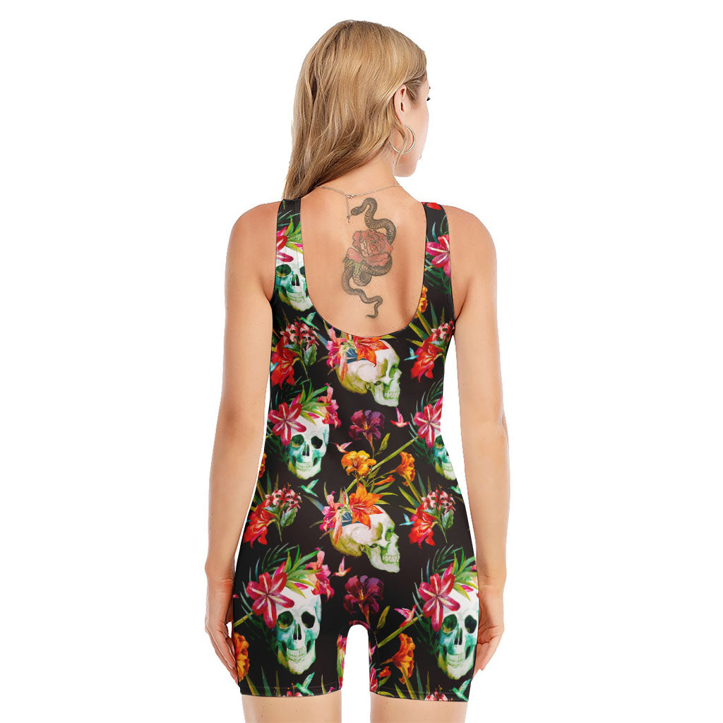 Blossom Flowers Skull Pattern Print Sleeveless One Piece Swimsuit