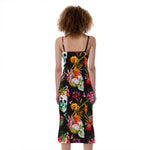 Blossom Flowers Skull Pattern Print Slim Fit Midi Cami Dress