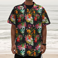 Blossom Flowers Skull Pattern Print Textured Short Sleeve Shirt