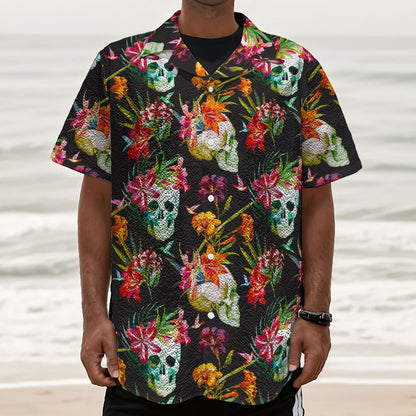 Blossom Flowers Skull Pattern Print Textured Short Sleeve Shirt