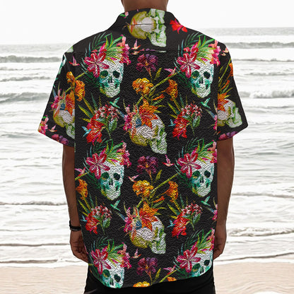 Blossom Flowers Skull Pattern Print Textured Short Sleeve Shirt