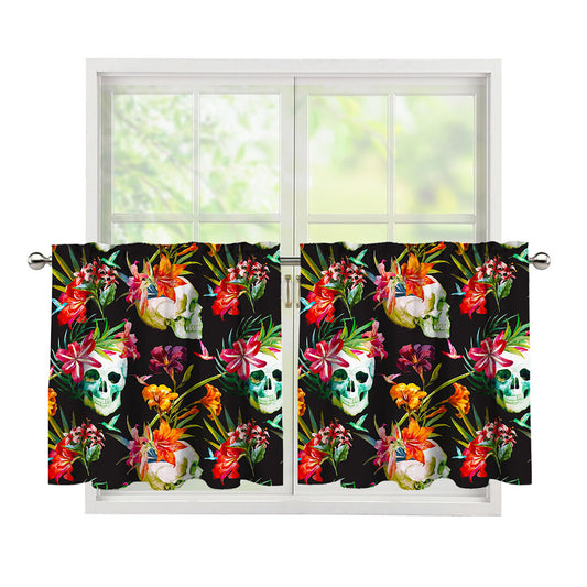 Blossom Flowers Skull Pattern Print Tier Curtains