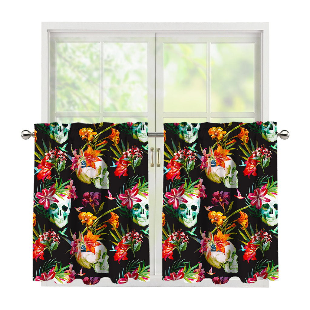 Blossom Flowers Skull Pattern Print Tier Curtains