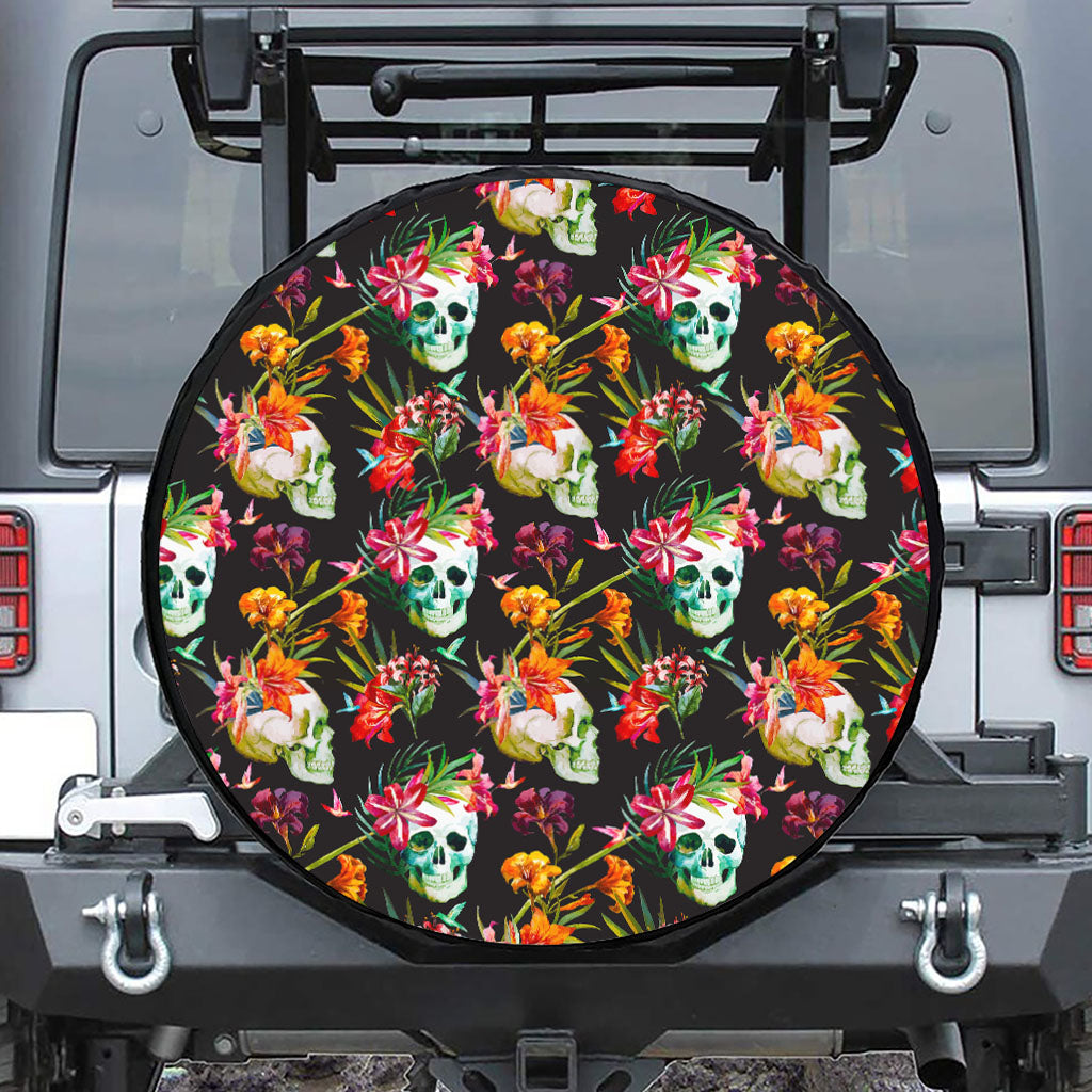 Blossom Flowers Skull Pattern Print Tire Cover