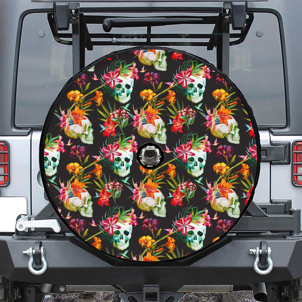 Blossom Flowers Skull Pattern Print Tire Cover With Camera Hole