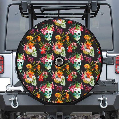 Blossom Flowers Skull Pattern Print Tire Cover With Camera Hole