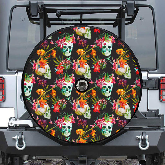 Blossom Flowers Skull Pattern Print Tire Cover With Camera Hole