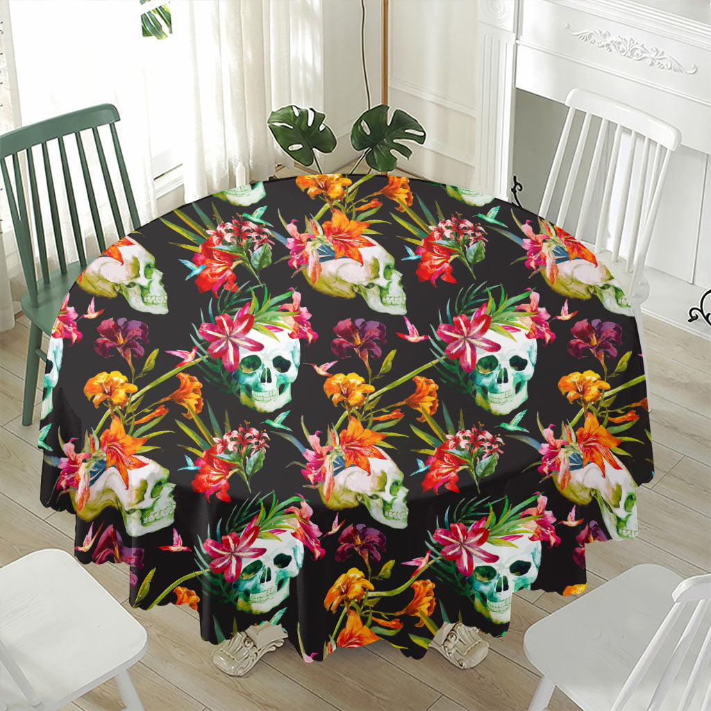 Blossom Flowers Skull Pattern Print Waterproof Round Tablecloth