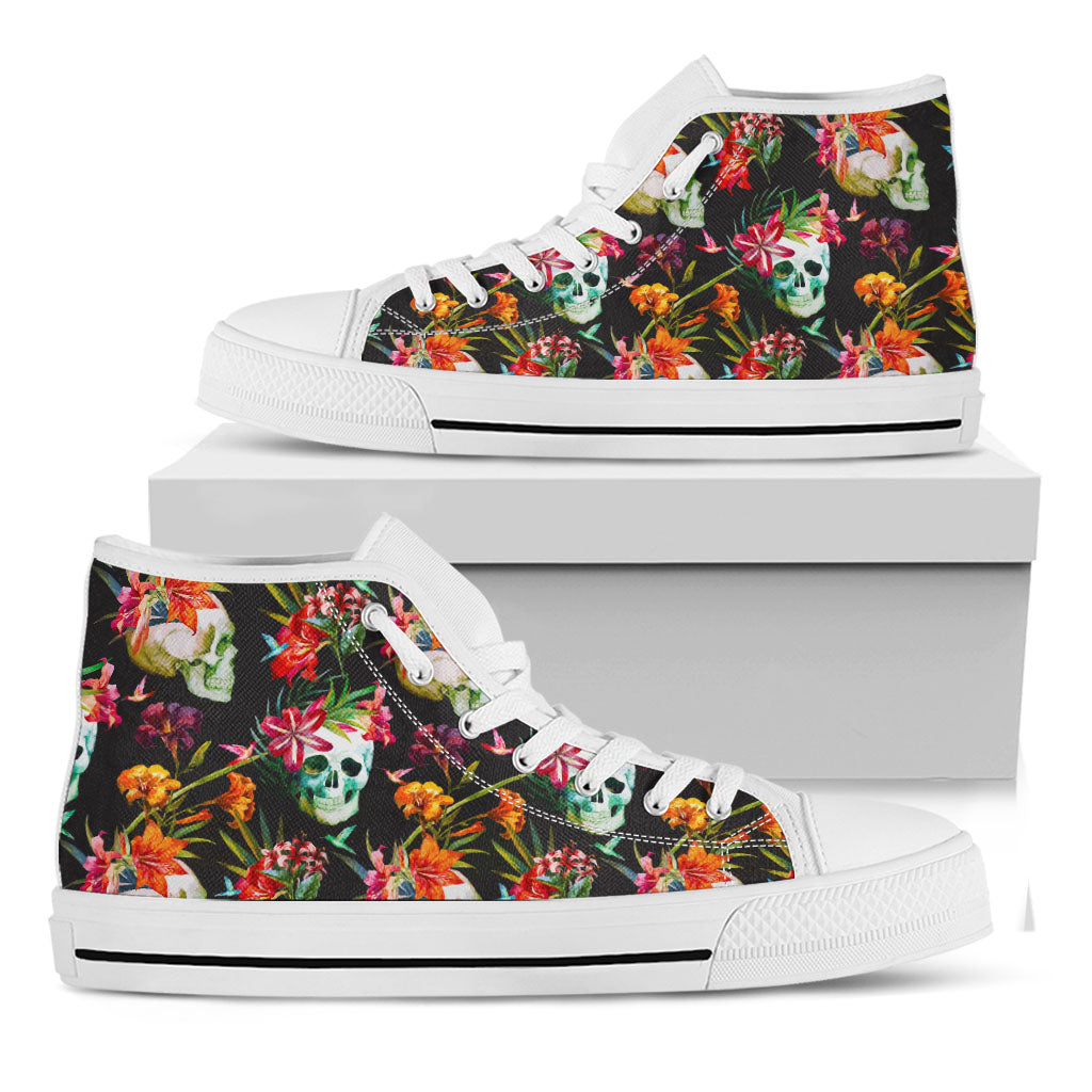 Blossom Flowers Skull Pattern Print White High Top Sneakers