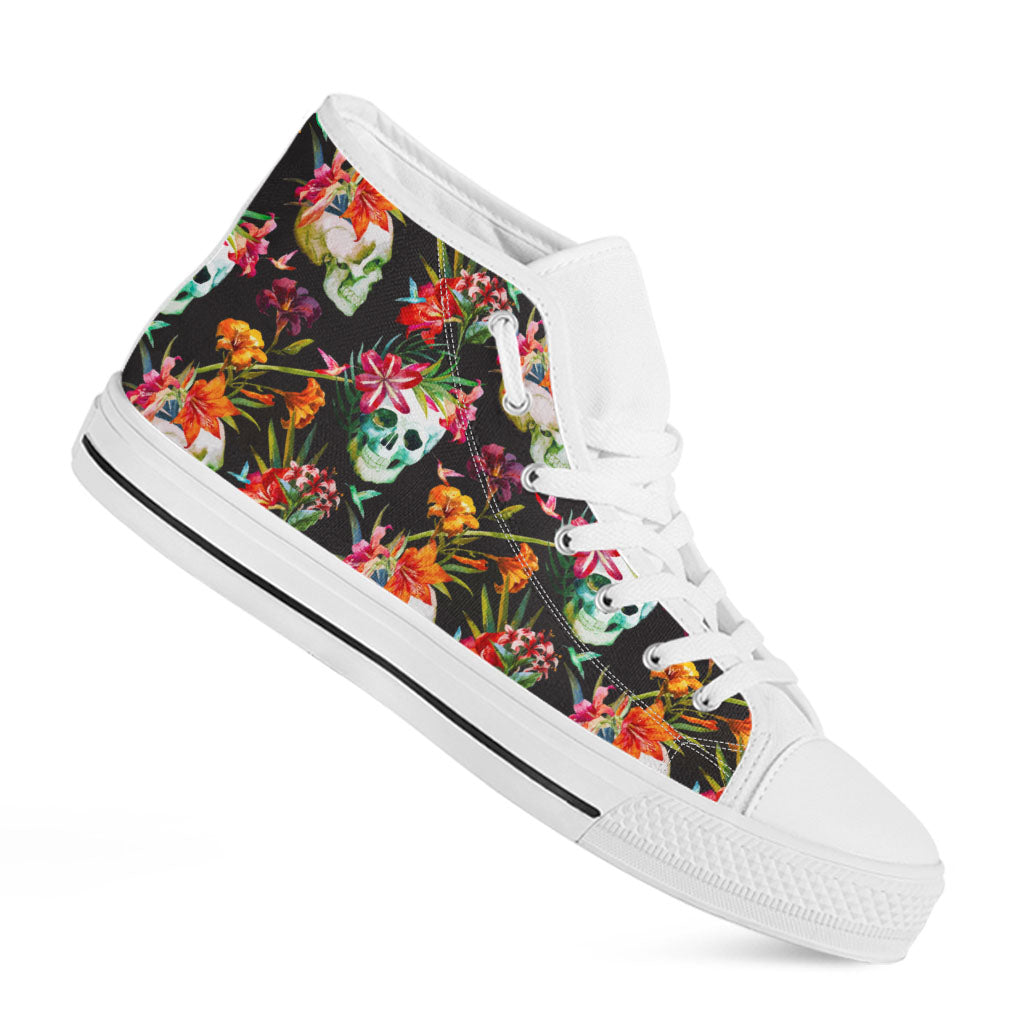 Blossom Flowers Skull Pattern Print White High Top Sneakers