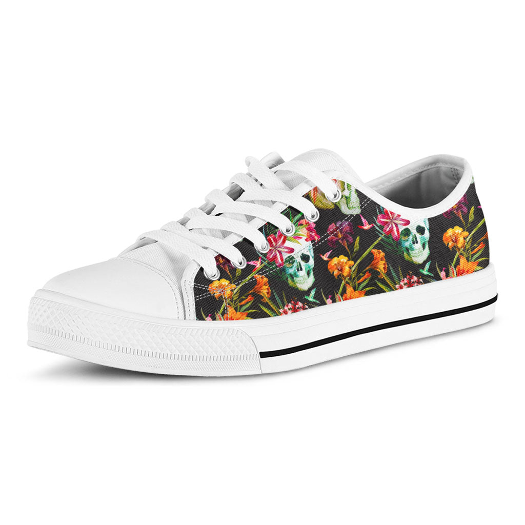 Blossom Flowers Skull Pattern Print White Low Top Sneakers