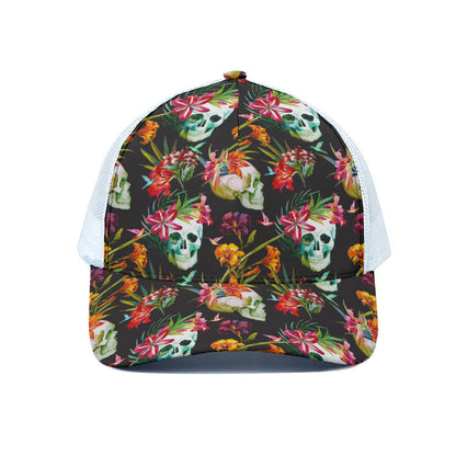 Blossom Flowers Skull Pattern Print White Mesh Trucker Cap